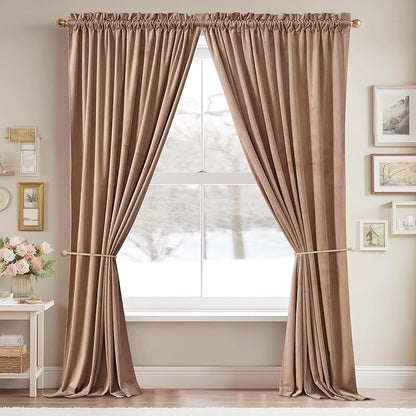 StangH Velvet Curtains for Sliding Door - 108 inches Long Velvet Drapes Light Blocking Curtains for Nursery/Dining Room, Blush Beige, 52 x 108 inches, 2 Panels
