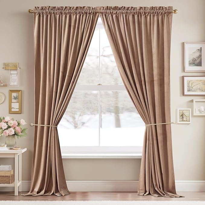 StangH Blush Beige Pink Grils Curtains 100 inches Long Super Soft Velvet Thermal Insulated Privacy Window Drapes Light Reducing Panels for Living Room Playroom, W52 x L100, 2 Panels