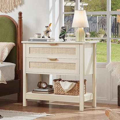 LEYAOYAO 31.5" Wide Rattan Night Stand with Charger Station, Oversized Large Boho Nightstand with 2 Drawer, Grey White Bed Side End Tables, Tall Bedside Table for Bedroom Living Room, Hallway