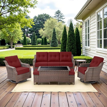 Belord Luxury 6-inch Thick Cushion Patio Furniture Set - Outdoor Swivel Rocker Glider Chairs Set of 4 with Glass Top Side Table, All-Weather Wicker Patio Conversation Set for Deck Balcony Sunroom