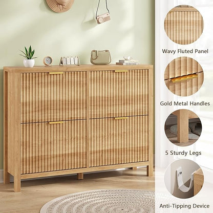 Shoe Cabinet Storage for Entryway, Fluted Shoe Cabinet with 4 Flip Drawers, Hidden Shoe Rack Freestanding Wooden Shoe Organizer with Legs for Hallway, Oak