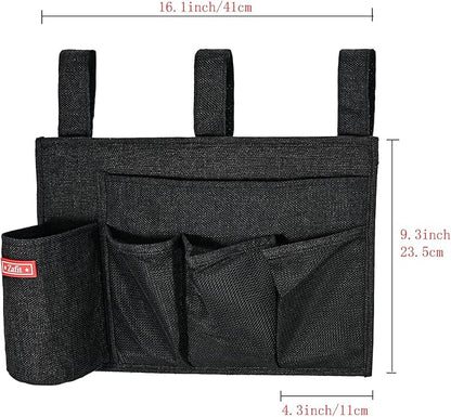 Zafit Linen Bedside Caddy, Bedside Storage Organizer for Hospital Beds, College Dorm Rooms or Baby Bed (5 Pockets-Black)