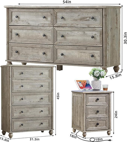 Farmhouse Dressers & Night Stand Set of 4, Wood 54" Wide Dresser & 45" Tall Chest of Drawers, 18" with Charging Station Nightstand Set of 2, Bedroom Furniture Dresser Set for Home Living Room Hallway