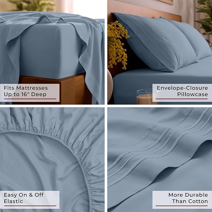Mellanni Twin Sheet Set - 4-Piece Iconic Collection Bedding, (Including 2 Pillowcases), 16-Inch Deep Pocket, Easy Care, Extra Soft, Cooling Sheets, Brushed Microfiber - Blue Hydrangea