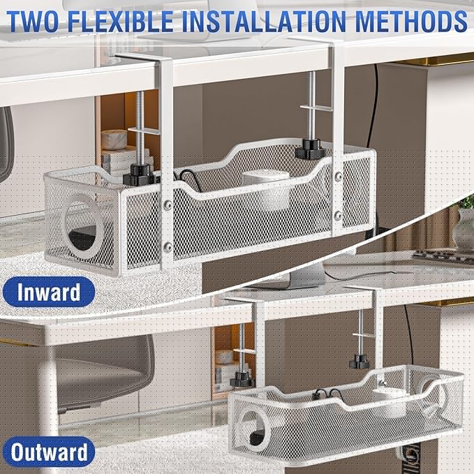 Under Desk Cable Management Tray - GZOKMOG No Drill Cord Organizer with Clamp, Workspace Organizers for Cords, Metal Mesh Wire Management for Home and Office, 2 Pack White, 13.38 inch