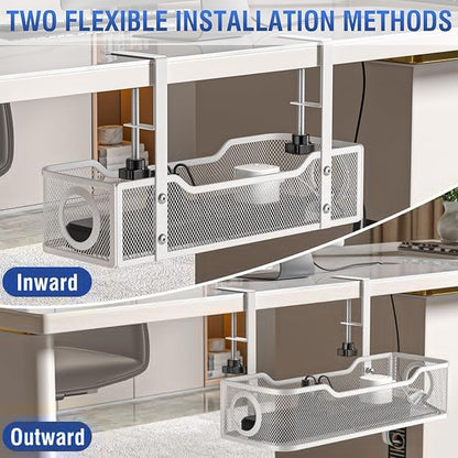 Under Desk Cable Management Tray - GZOKMOG No Drill Cord Organizer with Clamp, Workspace Organizers for Cords, Metal Mesh Wire Management for Home and Office, 2 Pack White, 13.38 inch