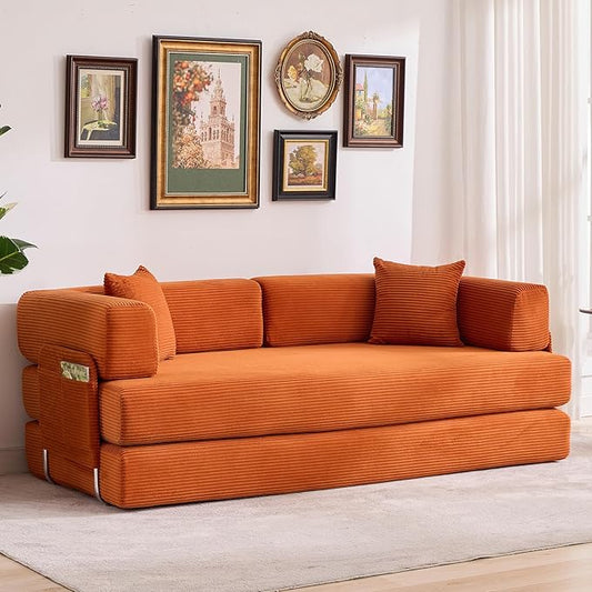 Garvee 5-in-1 Convertible Sofa Bed, 78.8" Modular Corduroy Sleeper with Sturdy Frame & No Assembly, Multi-Functional Futon for Small Space, Living Room & Guest Room (Orange)