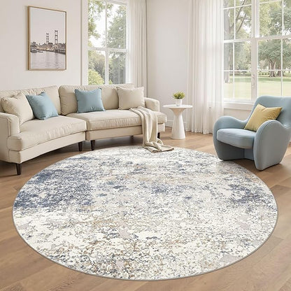 6ft Round Area Rug Living Room Rugs - 6x6 Washable Large Soft Indoor Modern Abstract Low Pile Rug Carpet for Bedroom Dining Room Farmhouse Home Office - Beige Blue