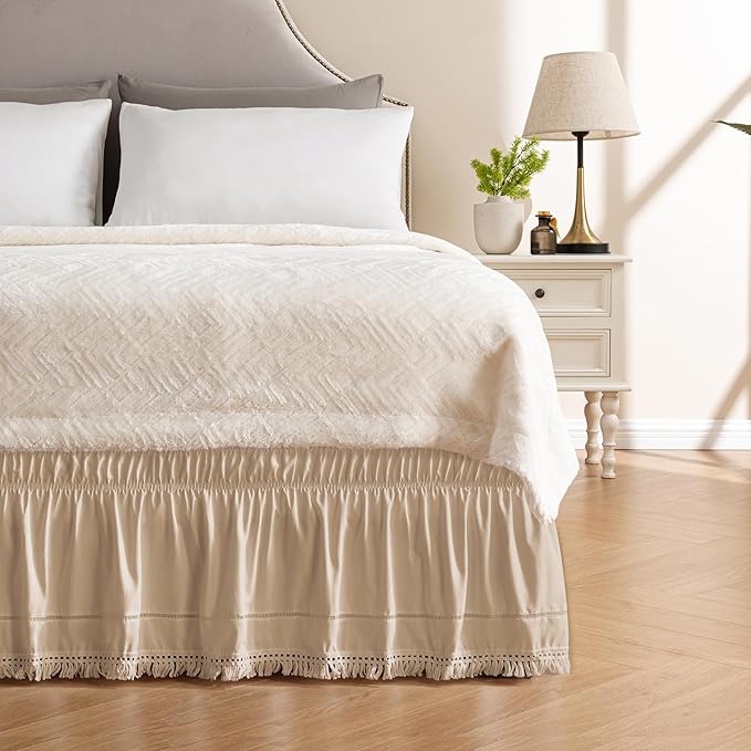 MIYE Wrap Around Ruffled Lace Bed Skirt, Elastic Dust Ruffle with Adjustable Belts, Easy to Put On, Bed Frame Cover, Machine Washable (Tassel Ruffle/Beige, King/Queen-12.5" Drop)