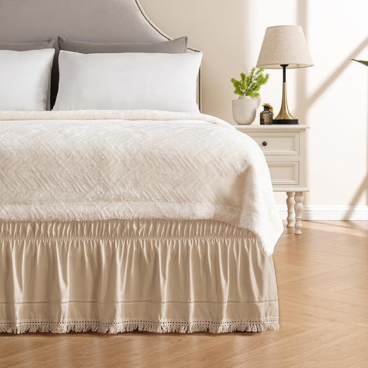 MIYE Wrap Around Ruffled Lace Bed Skirt, Elastic Dust Ruffle with Adjustable Belts, Easy to Put On, Bed Frame Cover, Machine Washable (Tassel Ruffle/Beige, Full/Twin-18 Drop)