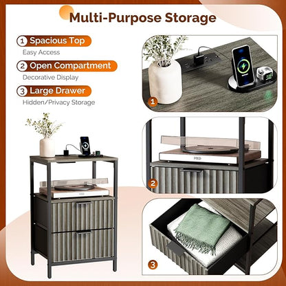 VINGLI Grey Night Stand with Charging Station, Fluted Nightstand Gray with Drawers Fabric, Grey Bedside Table/End Table for Bedroom, 14.96" W*11.81" D*23.78" H