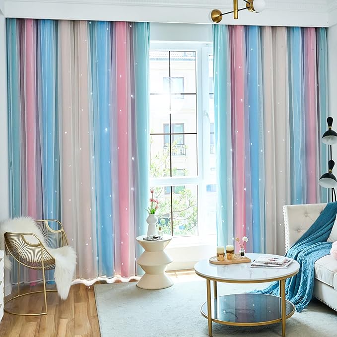 Star Blackout Curtains for Bedroom - Cute Kids Rainbow Curtains, 84 Inch Long 2 Panels, Beige & Blue & Pink