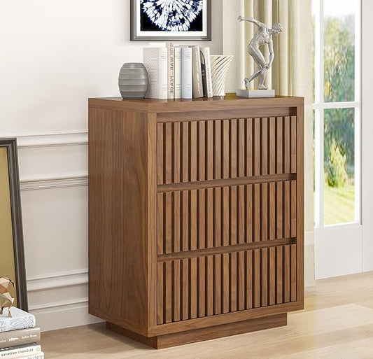 Fluted 3 Drawer Dresser, Mid Century Small Dresser for Bedroom, Wood Chest of Drawers, Modern Closet Clothes Organizer, Walnut Wooden Storage for Living Room, Brown