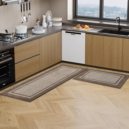 Kitchen Rugs Set (24" x 36"+24" x 60"), Non-Slip Machine Washable Kitchen Runner Rugs Floor Mats, Absorbent Comfort Standing Mats for Kitchen, Sink and Hallway, Rolled Packaging, Beige & Grayish Brown