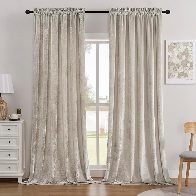 SMILETIME Ivory White Crushed Velvet Curtains 52x108inch Rod Pocket Luxurious Thermal Insulated Soundproof Drapes Soft and Durable Light-Filtering Window Treatments for Living Room Bedroom, 2 Panels