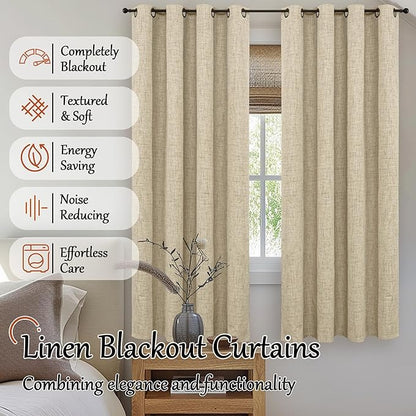Blackout Living Room Curtains 72 Inch Long 2 Panels, Textured Black-Out Faux Linen Curtains for Bedroom Light Blocking, Bronze Grommet Thermal Insulated Window Drapery, Each 52" Wide, Burlap