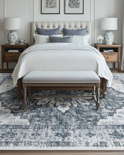 Area Rugs 8'x10' Washable Non-Slip, Floral Vintage Distress Print Pattern Medallion Carpet for Living Room Bedroom Dining Room, Light Gray Grey White