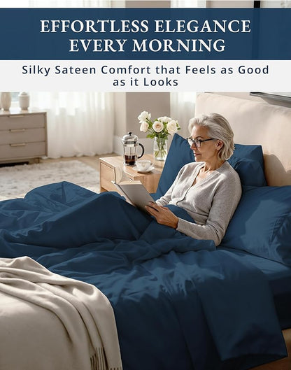 100% Egyptian Cotton Queen Bed Sheets Set - 1000 Thread Count Autthentic Long Staple Cotton Bed Sheets, Breathable Winter Comfort, Ultra-Soft Hotel Luxury Comfort with 15" Deep Pocket - Estate Blue