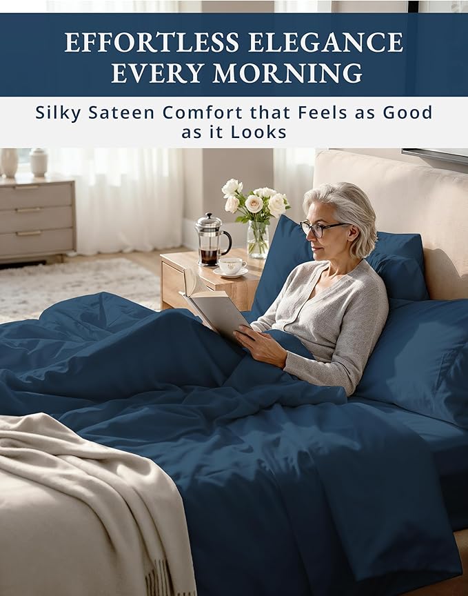 LANE LINEN 100% Egyptian Cotton Twin XL Sheet Sets - 1000 Thread Count, 15 inch Deep Pocket Fully Elasticized French Reinforced Pocket Seams for Soft, Eco Friendly Cooling Sheets Twin XL -Estate Blue
