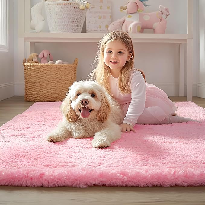 OLANLY 2x6 Machine Washable Runner Rugs for Hallway, Soft Fluffy Shaggy Bedside Rugs for Bedroom, Living Room, Indoor Floor Carpet for Kids Girls and Boys, Nursery Rooms, Home Decor Aesthetic, Pink