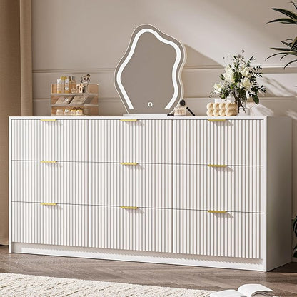 White 9 Drawer Dresser for Bedroom, 63" Wide Modern Fluted Dresser with Gold Metal Handles, Chest of Drawers for Bedroom, Living Room, Entryway, Hallway