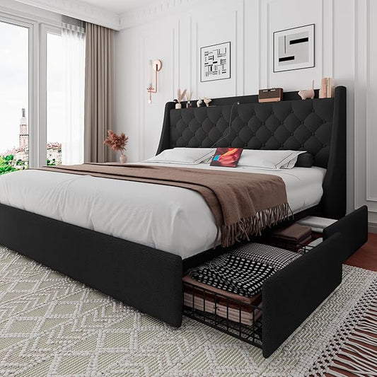 iPormis Queen Bed Frame with 4 Storage Drawers, Upholstered Platform Bed Frame with Type-C & USB Ports, Wingback Storage Headboard, Solid Wood Slats, No Box Spring Needed, Black