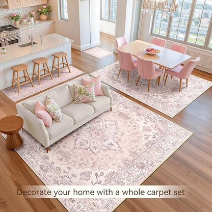 Area Rugs Square 8ft Washable Non-Slip, Floral Vintage Distress Print Pattern Medallion Carpet for Living Room Bedroom Dining Room, Pink Greypink Cute