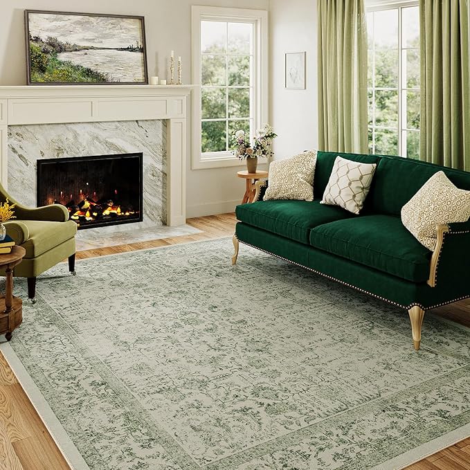 Sage Green Area Rug 4x5 Washable Office Entryway Carpet Vintage Distressed Non Slip Kitchen Indoor Entry Neutral Low Pile Retro Floral Farmhouse Throw Mat for Laundry Dining Room Bedroom