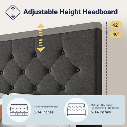 Allewie Upholstered King Size Platform Bed Frame with 4 Storage Drawers and Headboard, Diamond Stitched Button Tufted, Mattress Foundation with Wooden Slats Support, No Box Spring Needed, Dark Grey