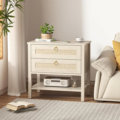 CMFYDAILY Wooden Nightstand Set of 2, Boho Side Tables with 2 Woven Rattan Drawers and Storage Shelf, Bedside Tables for Bedroom, or Home Office