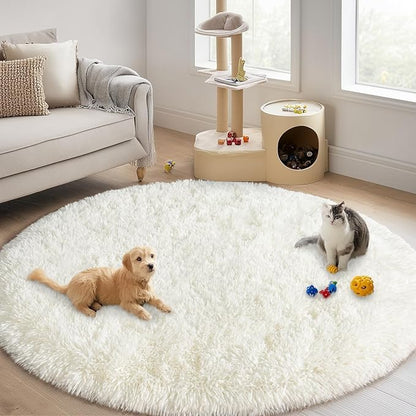 Round White Rug for Bedroom, 6 ft Circle Area Rugs for Living Room, Soft Fluffy Shag Carpet for Teen Girls Boys Nursery Room Dorm Home Decor Aesthetic