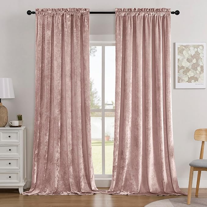 SMILETIME Pink Crushed Velvet Curtains 52x84inch Rod Pocket Luxurious Thermal Insulated Soundproof Drapes Soft and Durable Light-Filtering Window Treatments for Living Room Bedroom, 2 Panels