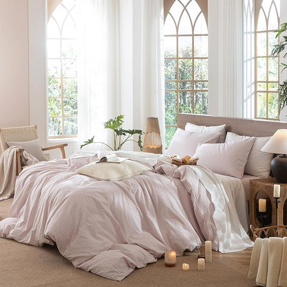 MooMee Striped Duvet Cover Set 100% Washed Cotton Linen Like Textured Breathable Durable Soft Comfy (Heathered Greyish Pink White Wide Stripes, Full 80"x90")