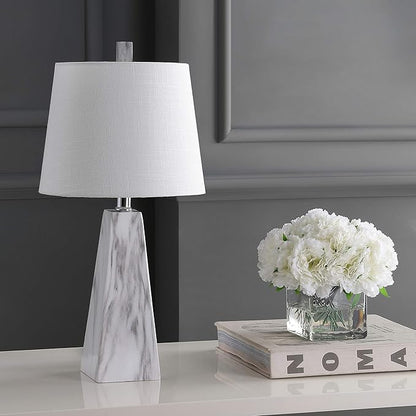 JONATHAN Y JYL1037A 20.5" Modern White Marble Table Lamp, Contemporary Geometric Resin Bedside Nightstand Lamp for Living Room, Bedroom, Office, End Table with White Linen Shade (LED Bulb Included)