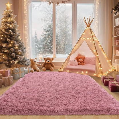Fluffy Blush Pink Area Rug for Bedroom, 5x7 Soft Fuzzy Shag Rug for Living Room, Thick Comfy Throw Plush Rug for Girls Kids Room, Non-Slip Modern Indoor Shaggy Floor Carpet for Nursery Dorm Home Decor