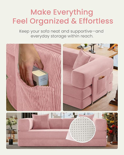 78.8" Convertible Futon Sofa Bed,Corduroy Futon Couch with Storage Pocket,Folding Pull Out Sofa,No Assembly Boneless Couch for Living Room | Pink