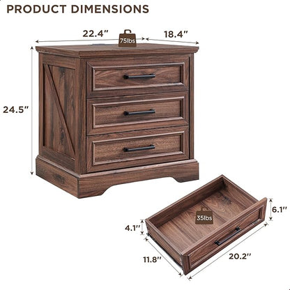 ACCOHOHO Farmhouse Nightstand with Charging Station, 22 Inch Wide End Table with 3 Large Drawers & Bar Handles, Rustic Wood Small Dresser Chest of Drawers for Bedroom, Living Room, Closet, Brown