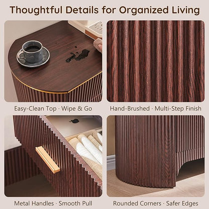 Fluted 6 Drawer Dresser for Bedroom with Curved Profile Design,53.9" W Chest of Drawers with Reeded Texture,Wide Storage Cabinet with Smooth-Glide Drawers,gold metal handle or Living Room,Brown Oak