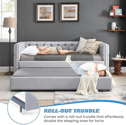 Daybed with Trundle, Modern Upholstered Full Size Day Bed Button-Tufted Sofa Daybed Frame with A Roll-Out Trundle, No Box Spring Needed, Furniture for Bedroom Living Room Guest Room (Light Grey, Full)