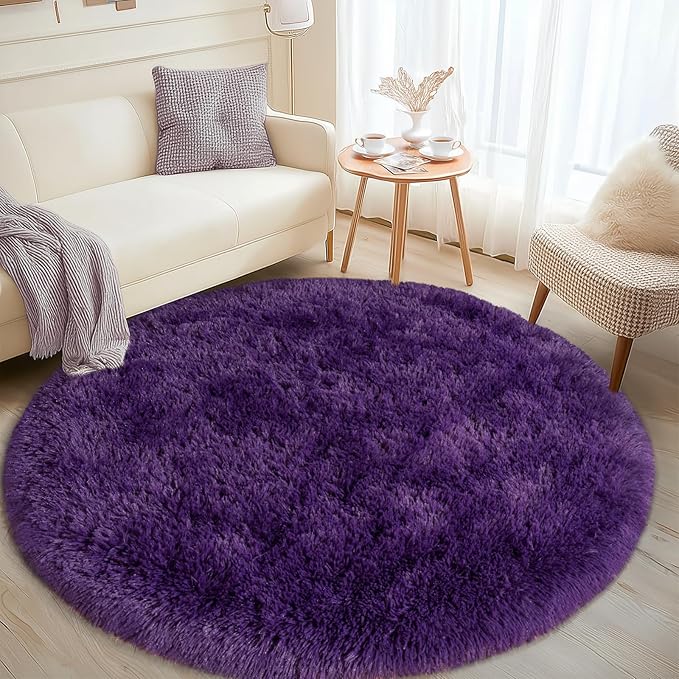 Round Purple Rug for Bedroom, 4 ft Circle Area Rugs for Living Room, Soft Fluffy Shag Carpet for Teen Girls Boys Nursery Room Dorm Home Decor Aesthetic