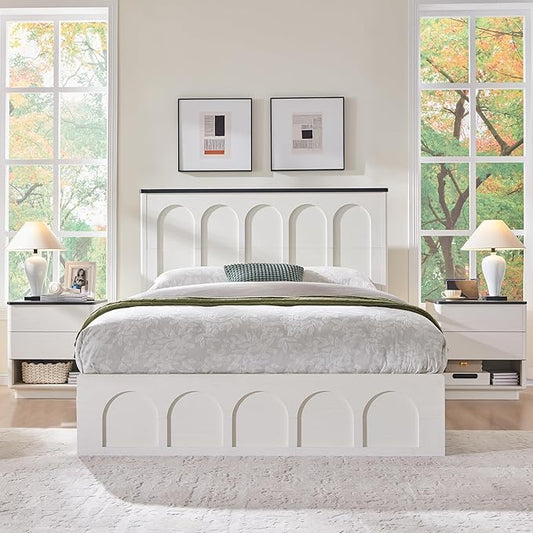 ACCOHOHO Queen Size Bed Frame Modern with 52" Tall Arched Recessed Headboard and 4 Drawers, Solid Wood Slats Support, Wood Platform, Noise Free, No Box Spring Needed, Antique White