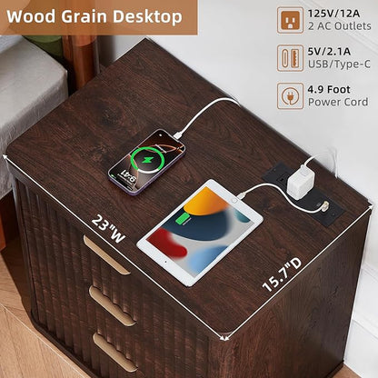 LEYAOYAO Fluted Farmhouse Nightstand Set of 2 with Charging Station, 23" Wide 3 Drawers Night Stand,Walnut Dresser for Bedroom,Bed Side Table Chest of Drawers,Wood End Table for Living Room