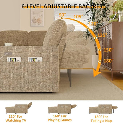 63 Inch Sleeper Sofa Bed, 4 in 1 Pull Out Couch Bed with Adjustable Backrest, Small Loveseat with Wide Armrest | USB Charging | Side Pockets | Cup Holders | Tool Free Assembly, Khaki Chenille