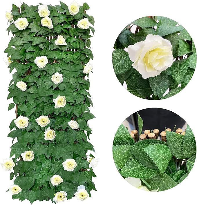 GLANT Expandable Fence Privacy Screen for Balcony Patio Outdoor,Decorative Faux Ivy Fencing Panel,Artificial Hedges (Single Sided Leaves) (2, White Rose)