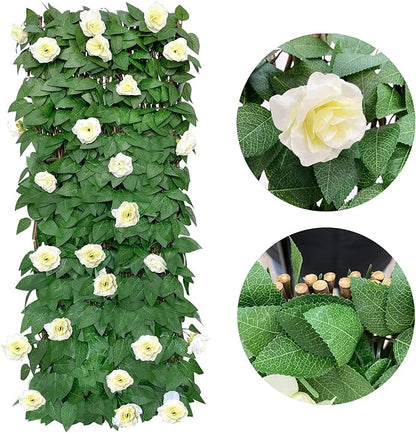 GLANT Expandable Fence Privacy Screen for Balcony Patio Outdoor,Decorative Faux Ivy Fencing Panel,Artificial Hedges (Single Sided Leaves) (4, White Rose)