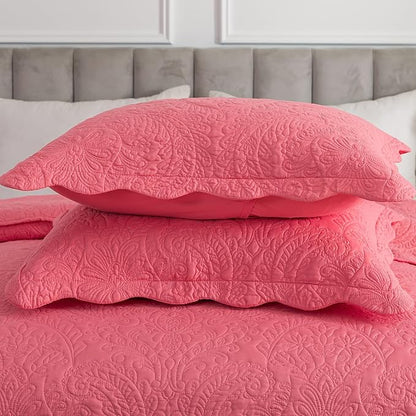 HoneiLife Queen Quilt Bedding Set - Microfiber Quilt Sets for Queen Bed, 3-Piece Lightweight Bedspreads,Reversible Coverlets Rustic Bedlinen Sets, Floral Bedding Set All Season Quilts-Sugar Coral