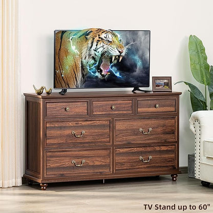 Farmhouse Furniture Set, Nightstands Set of 2 and 7 Drawers Dresser for Bedroom, 54 Inch Wide Wood Dresser and 24" Night Stands with Charging Station for Bedroom, Living Room, Hallway
