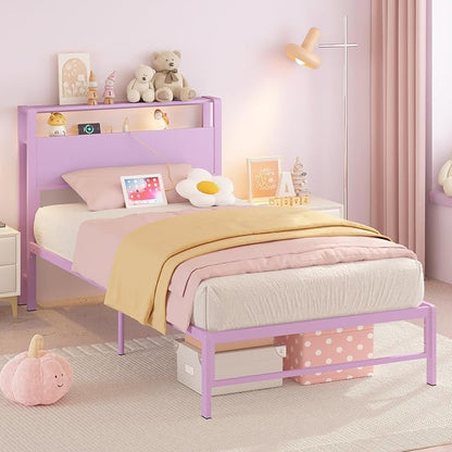 Twin Bed Frames with Charging Station, 2 Tiers Storage Headboard Twin Sized Bed No Box Spring Needed Heavy Duty Metal Platform for Girls, Purple