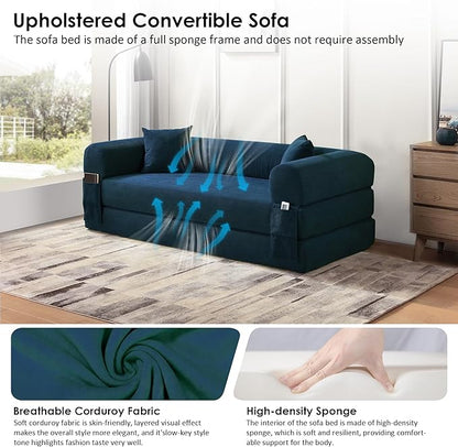 80" Convertible Sofa Bed, Corduroy Deep Seat Folding Pull Out Couch with Pillows, No Assembly Modern Boneless Couch Compression Sofa in Box, Floor Sofa with Storage Pocket for Living Room,Dark Blue