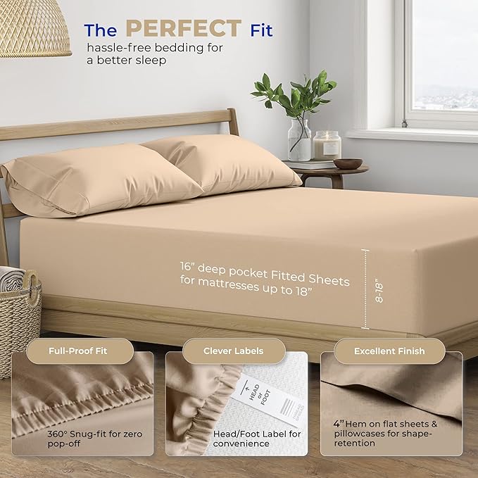 THREAD SPREAD Full Size Sheets Cotton - 400 Thread Count 4 PC 100% Cotton Full Size Sheet Sets, 16” Deep Pocket Full Size Sheets Set, Cooling Full Sheet Set, Luxury Hotel Sheets & Pillowcases (Taupe)